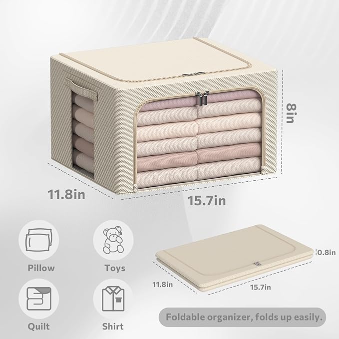 3Pack Frame Storage Box - Clothes Storage Bin Bags Oxford Fabric Foldable Stackable Container Organizer Set with Clear Window & Carry Handles Large Capacity (Beige, Small-22L)-NeatNest