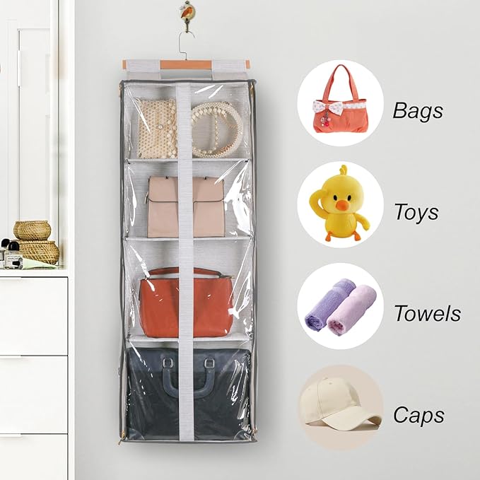 Clear Hanging Handbag Storage Organizer with Zippers, Easy Access Purse,Toy,Yarn,Hat Storage Holder Over The Door Purse Organizer Space Saving 4 Pockets for Closet Bedroom Living Room (Grey)-NeatNest