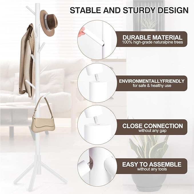 Coat Rack, Freestanding Coat Rack with 8 Hooks and 3 Adjustable Size Tree Coat Racks for Bedroom, Hallway, Entrance, Office, for Hats, Coats, Scarves, Handbags-NeatNest