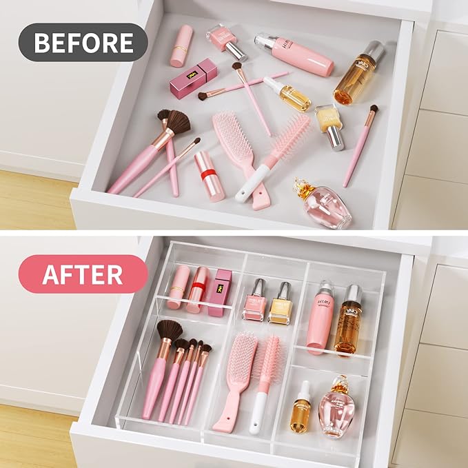 HIIMIEI Acrylic Drawer Organizer, 6 Section Clear Makeup Tray Organizer for Drawer Office Bedroom(11.8x11.8 inch)-NeatNest
