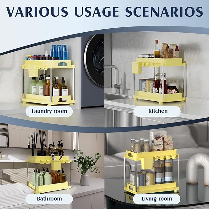 2 Pack Under Sink Organizers and Storage, Height Adjustable Bathroom Cabinet Organizer, 2 Tier Under Sink Organizer with Hooks, Under Cabinet Organizer for Kitchen Bathroom (Yellow-NeatNest