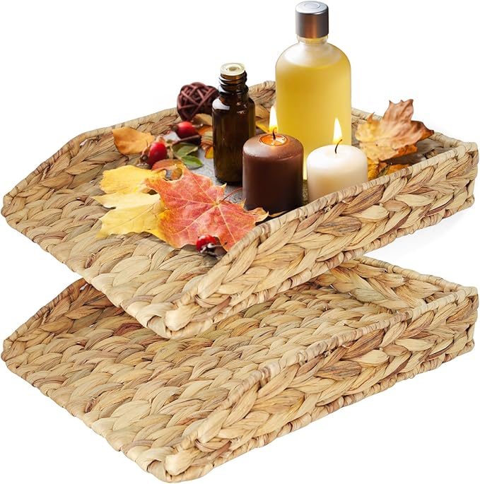 Water Hyacinth A4 Desk Paper Tray Rectangular Hand-Woven Rattan Desk Basket Document Tray Magazine Files Basket Organizer for Office Bathroom,2 Pack