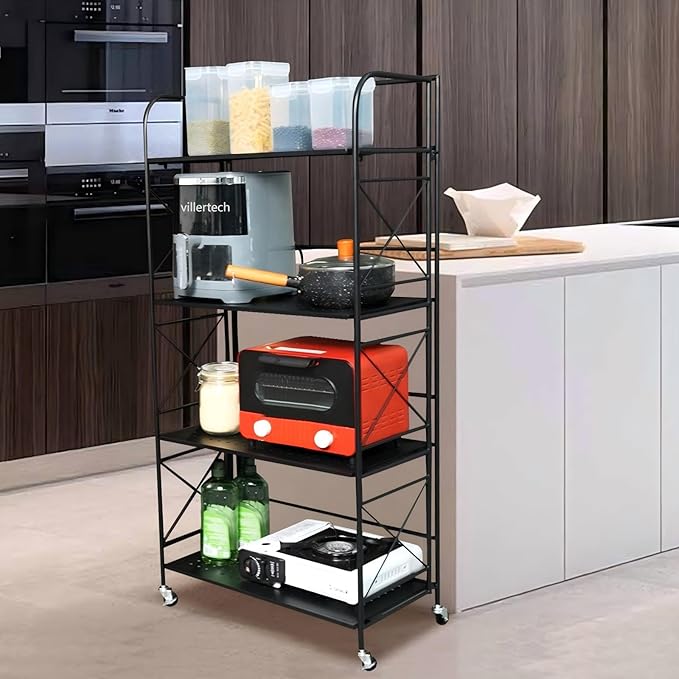 Foldable 5-Tier Metal Shelf with Wheels - Folding Bookshelf Unit for Living Room, Kitchen, Study 12.6" D x 23.6" W x 57.0" H, Matte Black