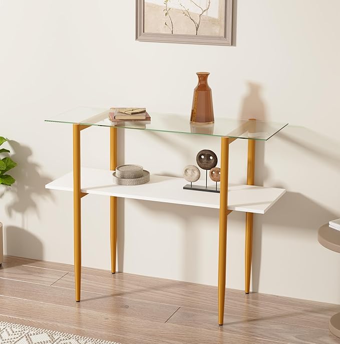 Glass Sofa Table, Mid-Century Modern Entryway Table with Tempered Glass & Golden Legs, 2-Tier Behind Couch Table for Living Room Hallway Entrance, White-NeatNest