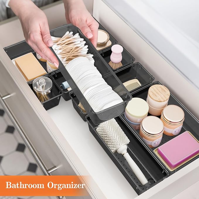 25 PCS Plastic Drawer Organizer Set, 4-Size Versatile Organizer Trays & storage Bins for Makeup, Jewelry, and Gadgets in Bathroom, Bedroom and Office,Clear Black-NeatNest