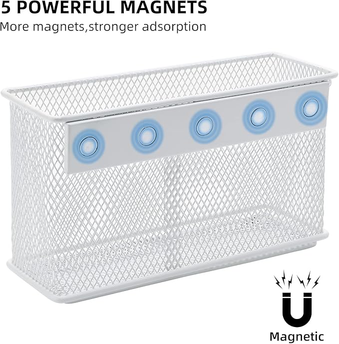 dedoot Magnetic Pencil Holder for refrigerator Storage Magnetic Basket Mesh White Strong Magnetic Pen Holder for Refrigerator,Whiteboard, Locker, Home and Office Organizer, 6.3x2.3x3.6inch-NeatNest
