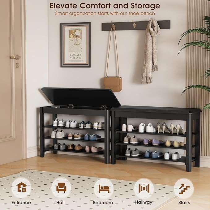Shoe Rack Bench Seat Rubberwood 3-Tier Wooden Storage Bench 550lbs Compact Mid-Century Modern Design for Entryway, Hallway, Closet, Front Door Entrance, Foyer-NeatNest