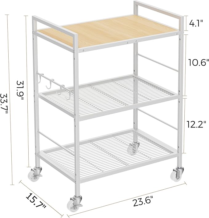 3-Tier Metal Storage Rack with Industrial Wheels,Mesh Shelving Unit with Wooden Table top,Adjustable Shelf,23.6-Inch Width,15.8-Inch Depth, for Kitchen, Laundry,Pantry,Plant,white