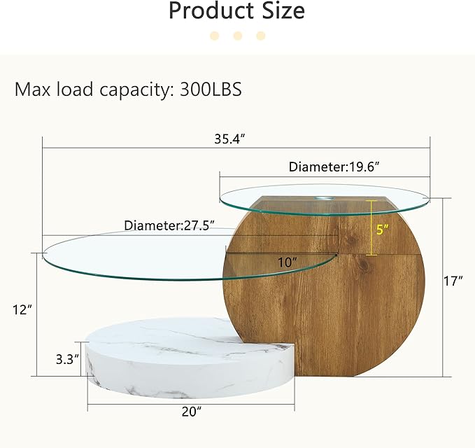 Glass Coffee Tables Round Coffee Tables for Living Room Modern 3 Tier Round Table Circle Coffee Table for Small Space Home Office (35.4 Inch White + Wood)