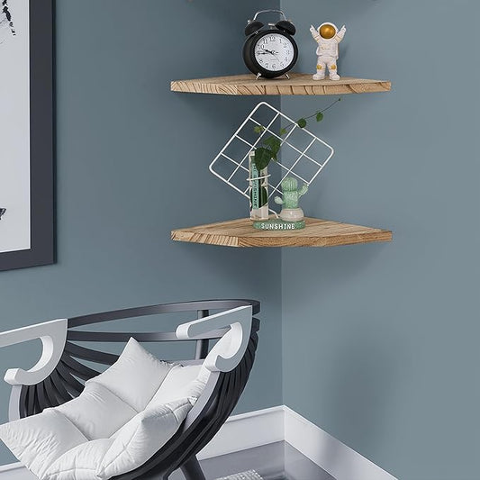 Corner Wall Shelves Set of 2, Rustic Wood Corner Floating Shelves with Cable raceway, Wall Mount Storage Display for TV Accessories, Baby Monitor, Speaker, Cable Box (Carbonized, Diamond- 10 Inch)-NeatNest