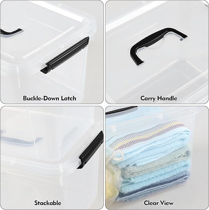 4 Pack 10.5 Quart Latching Storage Bin with Handle, Clear Latch Box