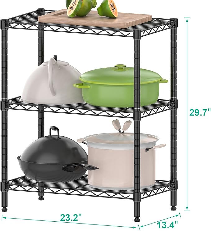 3-Tier Metal Shelf for Storage, Wire Shelving Unit Storage Rack Organizer Steel Utility Shelf for Kitchen Office Garage Pantry Laundry Organization(13.4D x 23.2W x 29.7H Inches)