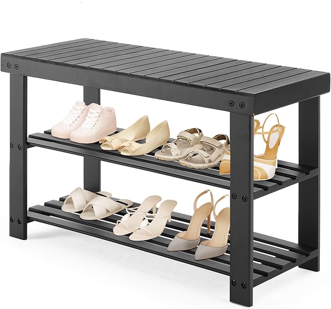 Sweetcrispy 3-Tier Shoe Rack Bench, Bamboo Entryway Storage Organizer, Shoes Stand for FrontDoor Entrance, Bedroom, Living Room, 286lb Capacity, 11.3 x 27.6 x 17.8 Inches, Pitch-Black-NeatNest