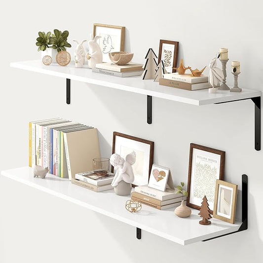 Fun Memories Floating Shelves for Wall, 12 Inch Deep Floating Shelves Set of 2, Wall Mounted Shelf with Metal Brackets, Rustic Wood Wide Shelf for Bathroom, Kitchen and Living Room, White, 55W x 12D-NeatNest