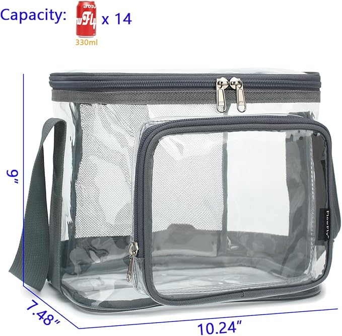 FlowFly Insulated Reusable Lunch Bag Adult Large Lunch Box for Women and Men with Adjustable Shoulder Strap,Front Zipper Pocket and Dual Large Mesh Side Pockets,Clear#Grey-NeatNest