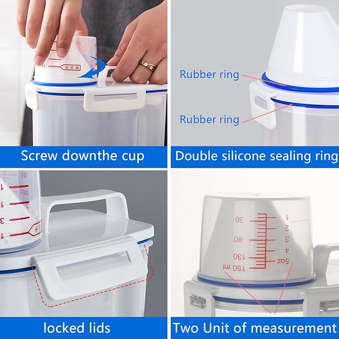2 Pcs 5.5 LB Rice Storage Container, Airtight Cereal Flour Dispenser with Pouring Spout & Measuring Cup, Kitchen Plastic Clear Dry Food Storage Bin for Grain Oatmeal Snacks Pet Dog Food