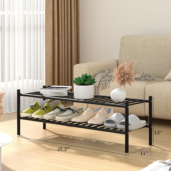 2-Tier Bamboo Long Shoe Rack, Free Standing Wood Shoe Shelf Storage Organizer for Closet Entryway Stackable 35"x11"x13" (Black)-NeatNest
