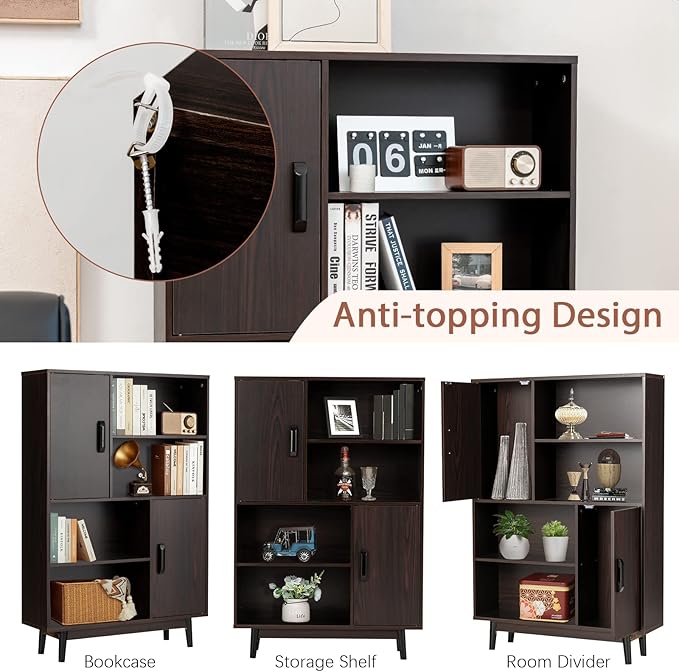 Giantex Storage Cabinet with Legs, Floor Cabinet with Doors, Shelves, Anti-Tipping Device, 4-Tier Bookshelf for Books & Photos, Tall Cupboard in Living Room, Kitchen Buffet Sideboard (Brown)