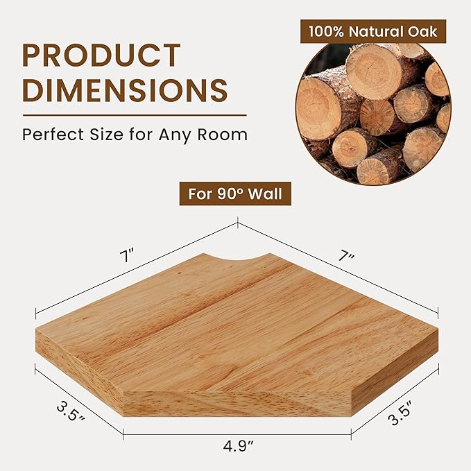 Fun Memories Corner Shelf Wall Mount Set of 2 - Solid Oak Wood Floating Corner Shelf with Cable Hole, 7in Rustic Design for Bedroom, Living Room, Kitchen (Natural)-NeatNest