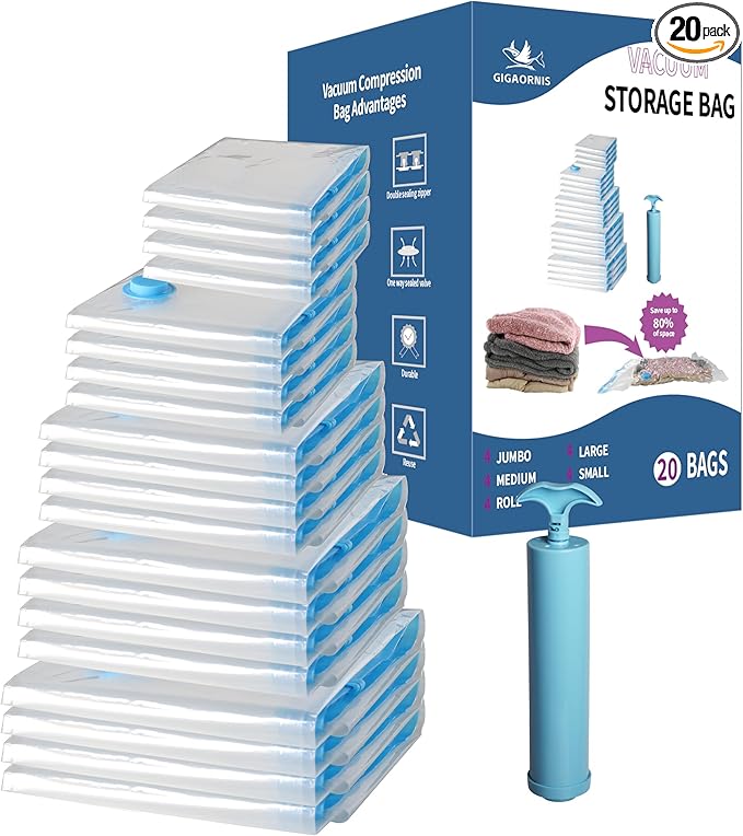 20 Pack Space Saver Vacuum Storage Bags for Clothing Travel, Vacuum Seal Compression Bags for Clothes, Packing, Luggage, Blankets, Comforters and Pillows, Hand Pump Included-NeatNest
