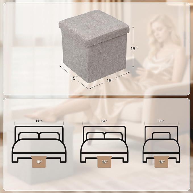 Ottoman Folding Storage Bench, 15x15x15 Inch, Foot Rest Stool for Living Room, Bedroom, Entryway, End of Bed - Multi-Functional Ottoman with Storage Light Brown