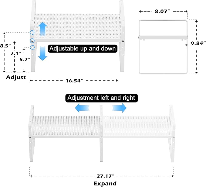 Expandable Counter Shelf, Adjustable Height Spice Rack Metal Mesh Board Shelf Organization for Kitchen Pantry Bathroom Office -White-NeatNest