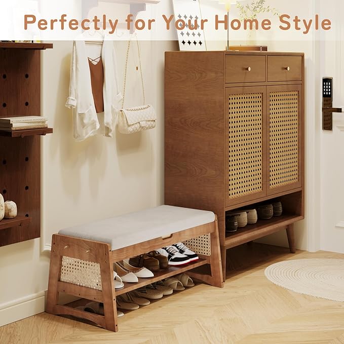 Shoe Rack Bench, 35.4" Solid Wood Entryway Bench with Flip-Top Storage, Cushion, Side Hooks, Shoe Organizer for Front Door Entrance, Hallway, Foyer, Closet, Living Room, Bedroom
