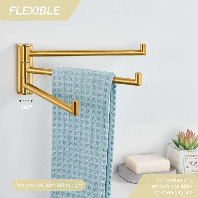Angle Simple Swivel Hand Towel Rack, SUS 304 Stainless Steel Foldable 3 Towel Holder Bars for Bathroom Kitchen, Brushed Gold