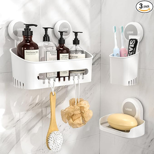 LUXEAR 3 Packs Shower Caddy Suction Cup Set - Shower Shelf+Soap Dish+Toothbrush Holder - 1 Second Installation NO-Drilling Removable Powerful Waterproof Shower Organizer for inside Shower Bathroom