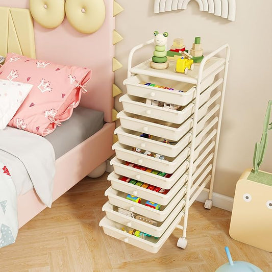 COSTWAY 10-Drawer Rolling Storage Cart, Utility Mobile Trolley with Removable Drawers & Universal Casters & 2 Brakes, Versatile Flexible Drawer Organizer Cart for Home, Office, White-NeatNest