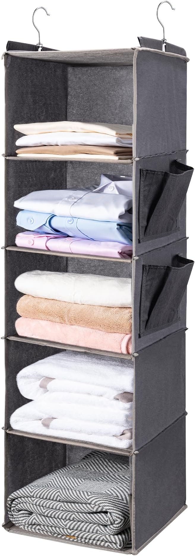 BOOMIBOO Hanging Closet Organize and Shelves，5-Hanging Shelf with 2 Side Pockets，Storage Foldable （Grey）-NeatNest