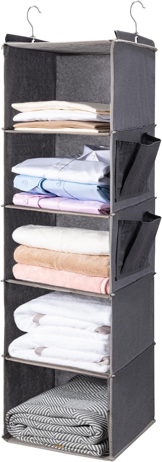 BOOMIBOO Hanging Closet Organize and Shelves，5-Hanging Shelf with 2 Side Pockets，Storage Foldable （Grey）-NeatNest