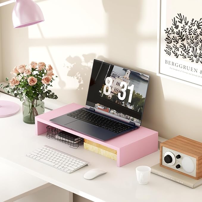 TEAMIX Pink Monitor Riser-20L inch, Wood Monitor Stand for Desk, Sturdy TV/Screen/PC/Printer/Laptop Riser,Computer Shelf with Storage TV Holder for Home Office (Pink, 20 inch)-NeatNest