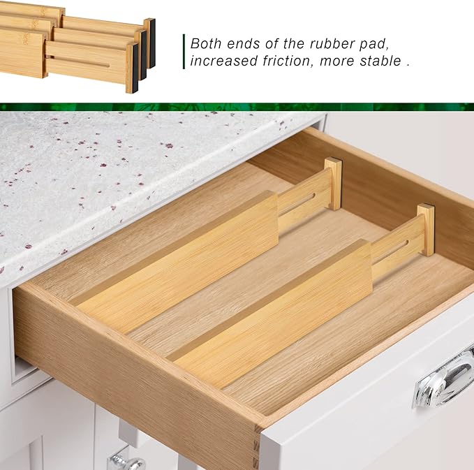 4 Pack Bamboo Drawer Dividers, Adjustable Length from 12 Inch to 17 Inch, Expandable Kitchen Drawer Organizer, Drawer Organization Separators for Clothes, Kitchen, Bedroom, Dresser, Office (Beige)-NeatNest