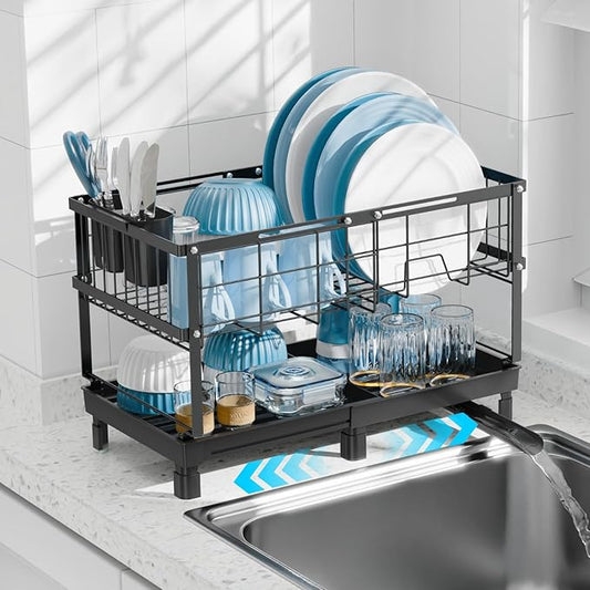 GSlife Expandable Dish Drying Rack - 2 Tier Dish Rack for Kitchen Counter, Adjustable Capacity (15.7''-20.7''L) Dish Drainer Rack with Removable Cutlery Holder, Black