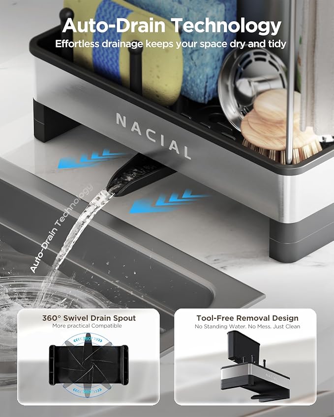 Nacial Kitchen Sink Caddy Organzier with High Brush Holder, Sponge Holder for Kitchen Sink with Two Towel Racks & Soap Dispenser- Rustproof 304 Stainless Steel Kitchen Countertop Storage Essentials-NeatNest