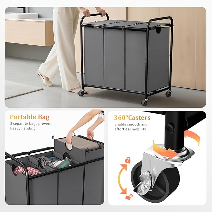 180L (47.55 Gal) Laundry Sorter 3 Section, Rolling Laundry Basket with Lockable Wheels and Lid, Laundry Hamper with 3 Separated Removable Bags Dirty Clothes Hamper for Laundry Room Organizer, Grey-NeatNest