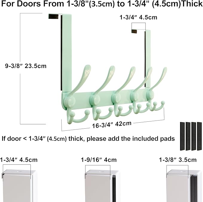 Dseap Over Door Hook 2.0 - Upgraded Version - Simple-Assembly, Strong, Heavy-Duty Stainless Steel 5-Tri-Hook Over The Door Hanger Rack, SimpleStrong Series, Green
