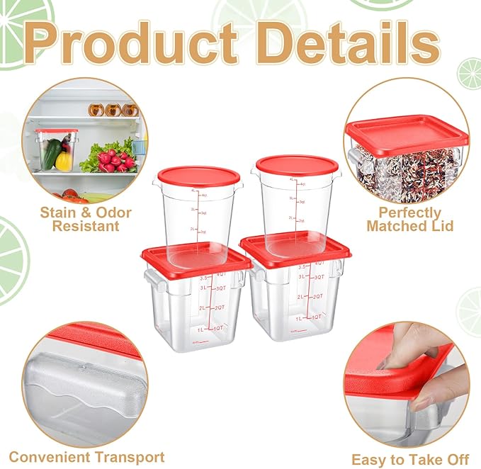 4 Pcs Food Storage Container with Lids Set 4 Qt Square and Round Clear PC Commercial Containers with Scale Handle for Home Restaurant Kitchen Food Storage, Dough Rise, Flour(Red)