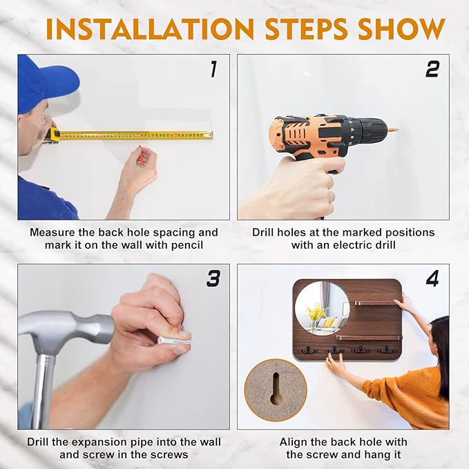 Coat Rack with Shelf Rustic Wooden Wall Mounted Hanging Coat Rack with Mirror Shelves and 4 Double Hooks Decorative Entryway Hook Shelf for Hallway Living Room Bedroom 16"x12" (Brown S)-NeatNest