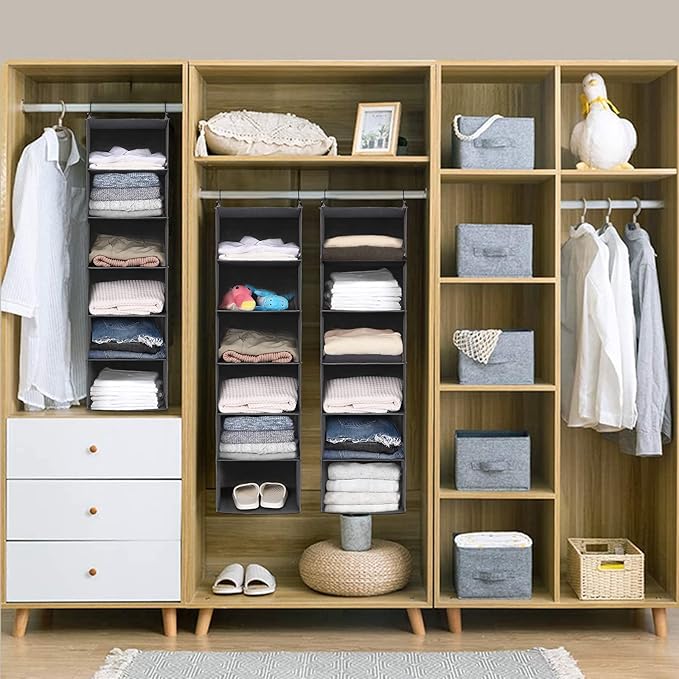 MAX Houser 6 Tier Shelf Hanging Closet Organizer, Closet Hanging Shelf with 2 Sturdy Hooks for Storage,2 Pack, Foldable (Grey)-NeatNest