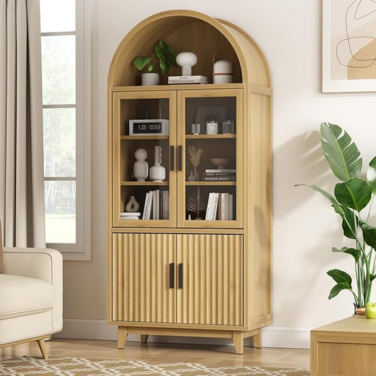 Arched Cabinet with Glass Doors, 71" Tall Fluted Galss Cabinet with Solid Wood Legs, Adjustable Shelves Accent Furniture for Living Room, Kitchen, Dining Room, Entryway, Natural