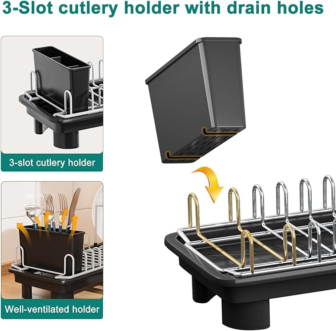 junyuan Compact Dish Drying Rack,Small Dish Rack for Kitchen Counter, Dish Drainer with 360° Rotatable Spout,Plate Rack, Dish Strainer with Cutlery Holder for Pots, Fork & Knives Space Saving