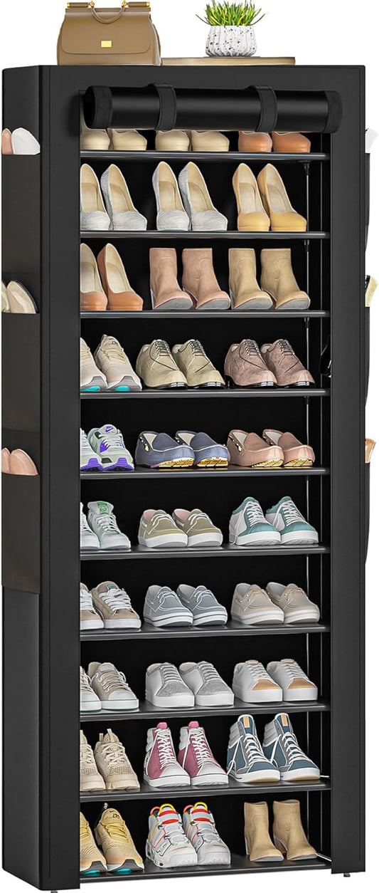 Large Shoe Rack, Black, 6 Side Pockets, 23.6" Wide x 11.4" Deep x 68.9" Tall, 36-41 Pairs of Shoes-NeatNest