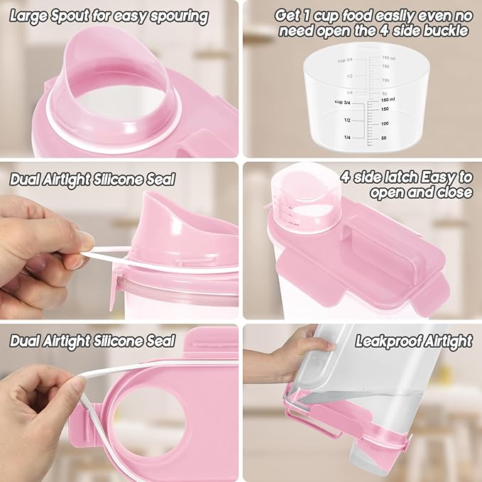 5-7Lbs Dog Cat Food Storage Container with Upgraded Large Nozzle BPA-free, 4 Snap Seals Plastic Pet Food Storage Containers with Handles (1, Light Pink, 5L)-NeatNest