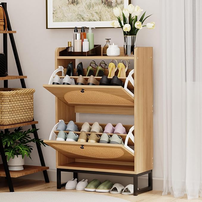 Shoe Cabinet with 2 Flip Drawers, Natural Rattan Freestanding Shoe Cabinet Storage for Entryway, Slim Shoes Organizer with Metal Legs, Narrow Shoe Rack Cabinet for Hallway (2 Flip Drawers, WOOD)-NeatNest