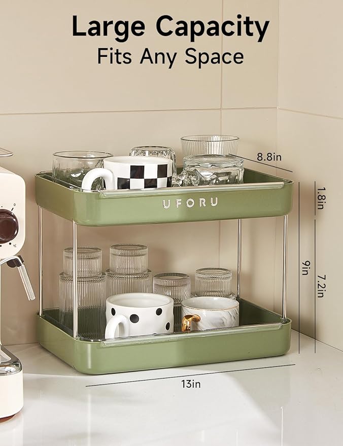 Countertop Coffee Station Organizer | 2-Tier Whisky Glass Tray, Mug Drying Shelf with Removable Drain Tray - Easy to Install, Clean - Spice Rack for Kitchen, Bathroom Counter Organzier-NeatNest