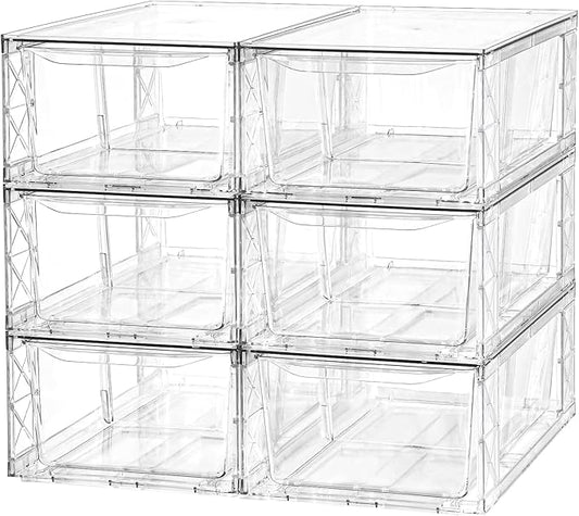 Plastic Drawers Storage, 6Pack Clear Stackable Storage Drawers, Acrylic Storage Bins with Drawers for Fridge Organizers, PlasticDrawers Stackable for Makeup Organizers Cosmetic Display, Medium