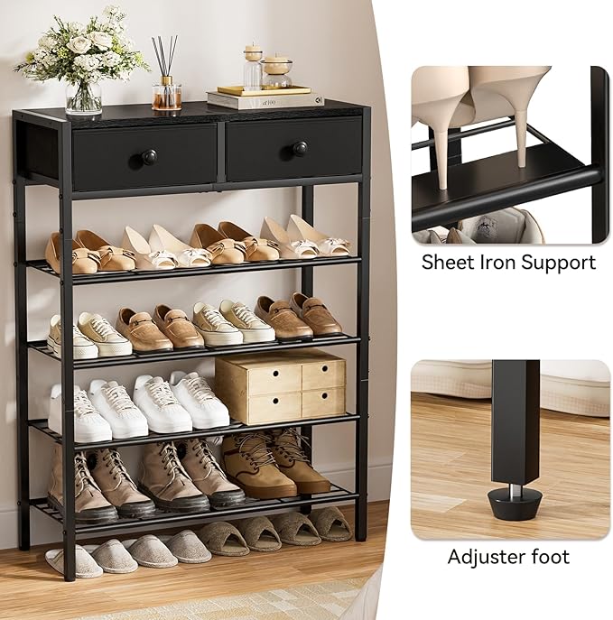 Shoe Rack for Entryway, 5 Tier Shoe Organizer with 2 Non-Woven Drawers, Metal Storage Shoe Shelf for 16-20 Pairs of Shoes, with Wooden Top and Steel Frame, Shoe Stand for Closet Charcoal-NeatNest