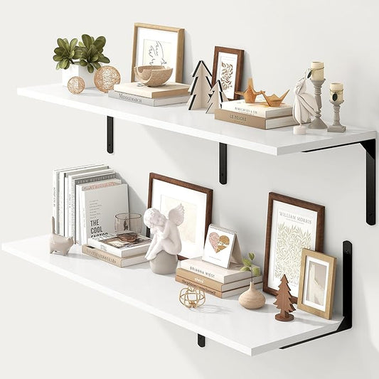 Fun Memories Floating Shelves for Wall, 12 Inch Deep Floating Shelves Set of 2, Wall Mounted Shelf with Metal Brackets, Rustic Wood Wide Shelf for Bathroom, Kitchen and Living Room, White, 48W x 12D-NeatNest